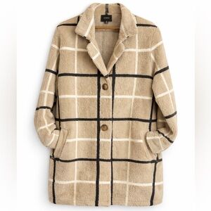 Anthro Teddy Coat Beige Plaid Fuzzy Jacket Cozy Longline Windowpane M